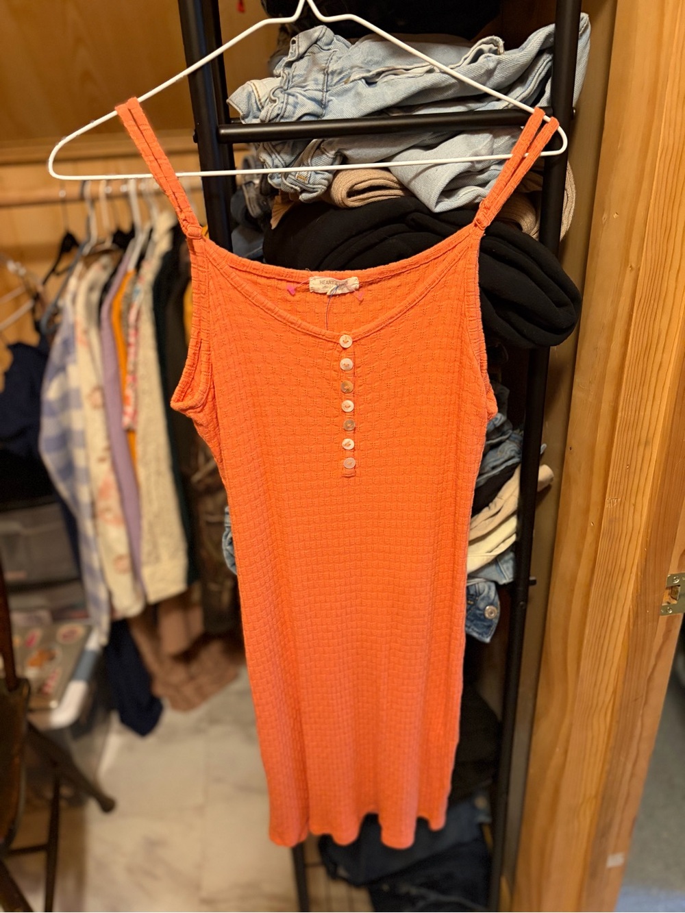 Heart Hips Orange Waffle-Knit Camisole Dress with Button Placket